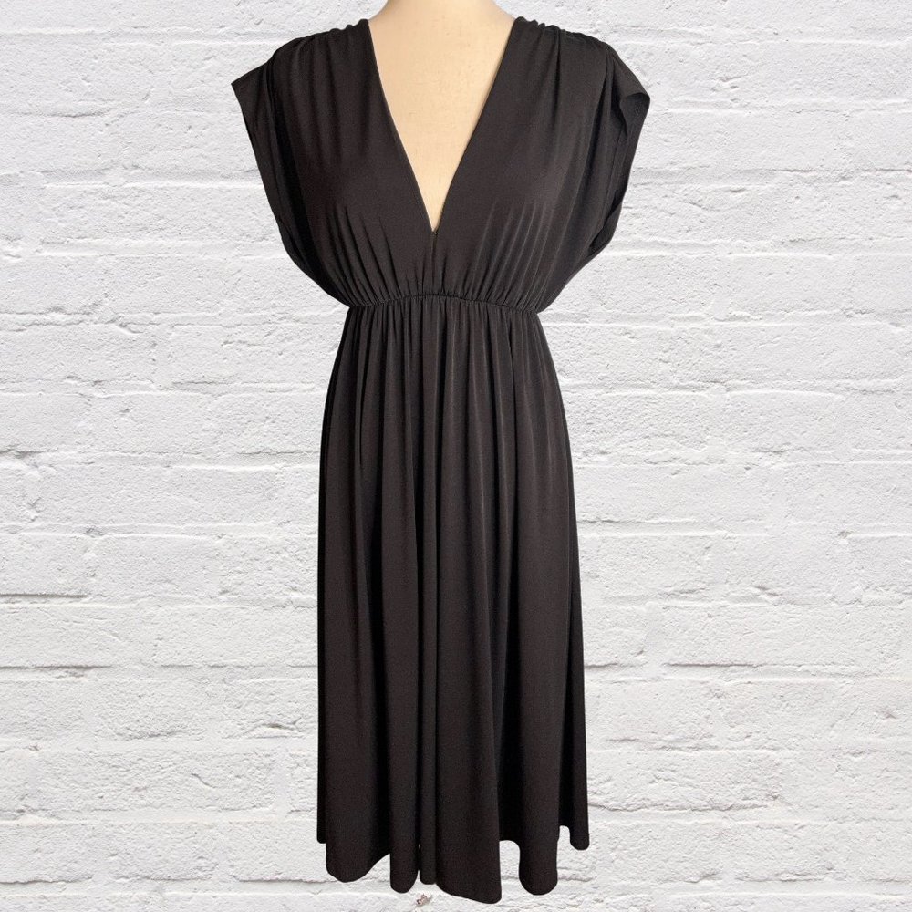ASOS Deep V-Neck Black Midi Dress Elastic Waist Short Dolman Sleeves Versatile L - Picture 1 of 8
